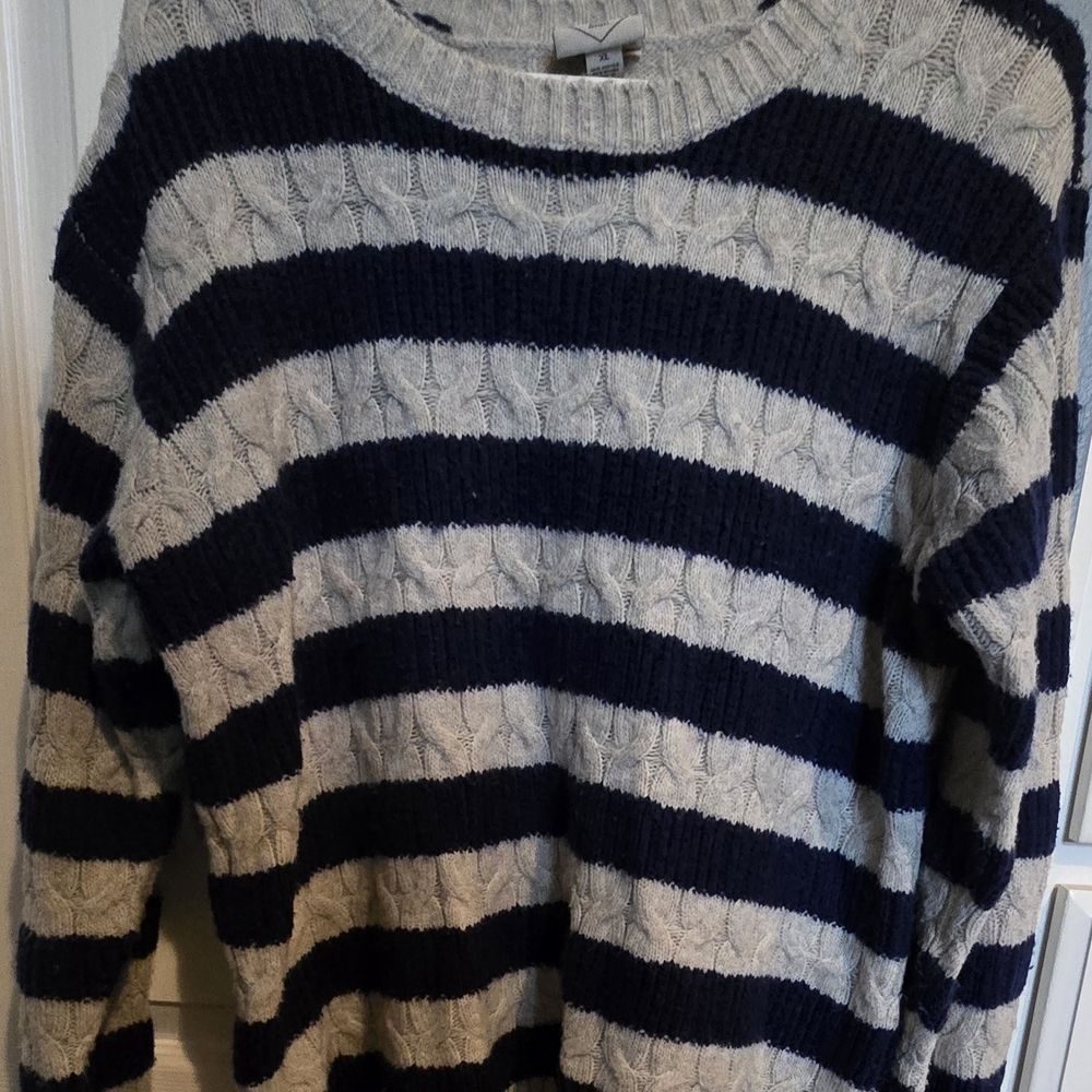 St Johns Bay Navy And Cream Striped Cable Knit Sweater